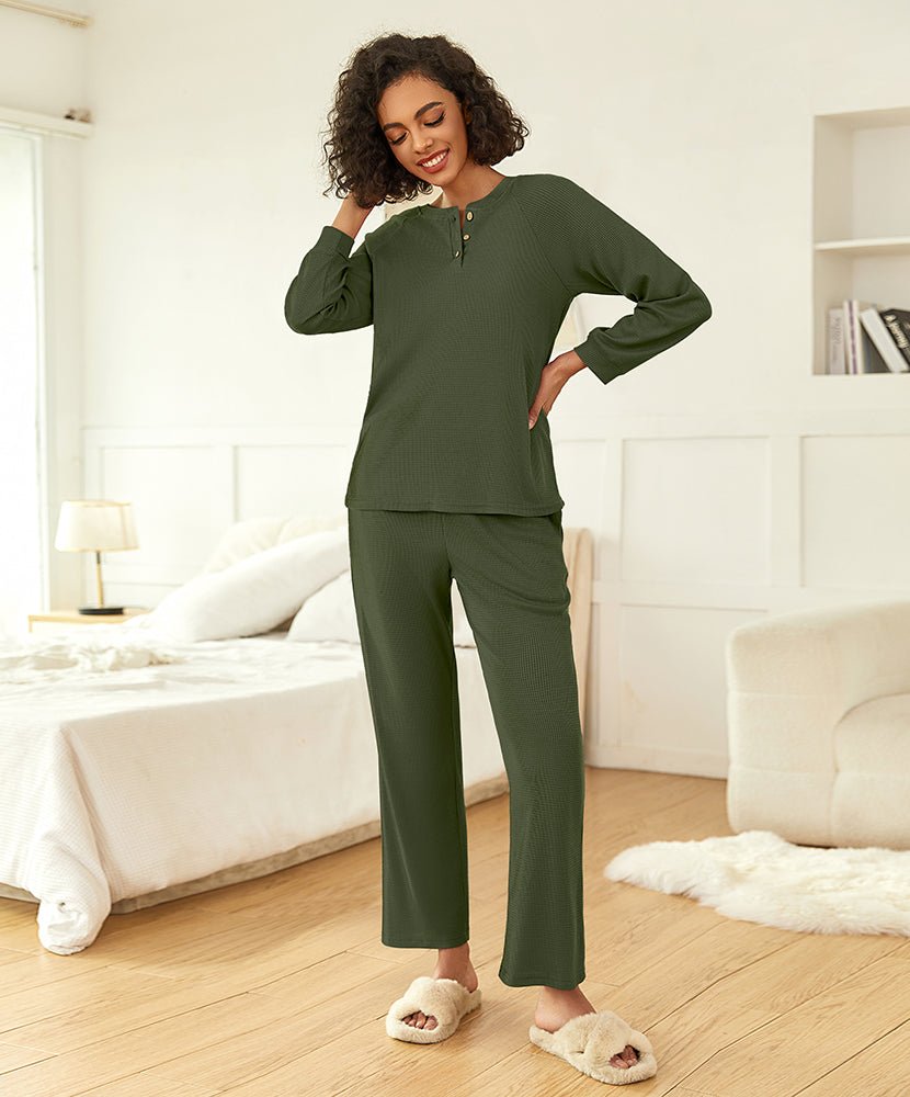 Olive green waffle-knit pajama set with quarter-zip top and straight-leg pants