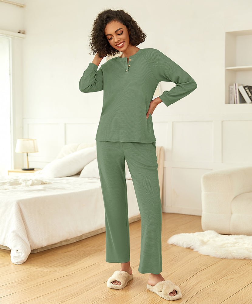 Green waffle-knit pajama set with quarter-zip top and straight-leg pants