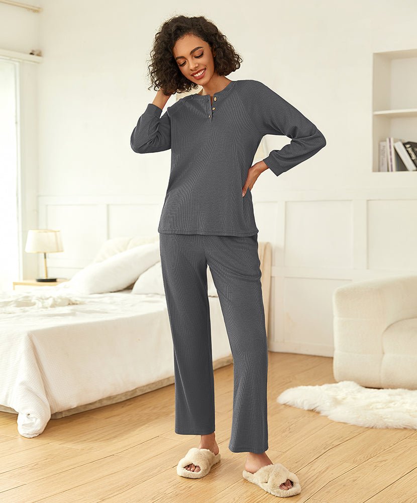 Grey waffle-knit pajama set with quarter-zip top and straight-leg pants