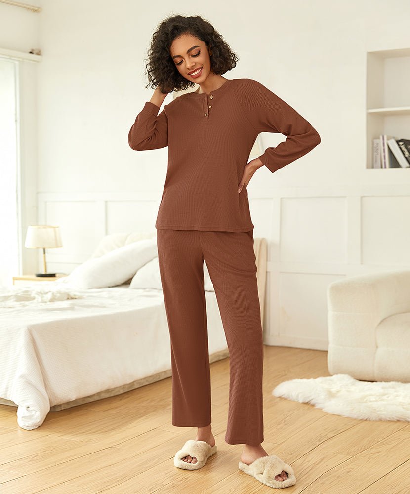 Light brown waffle-knit pajama set with quarter-zip top and straight-leg pants