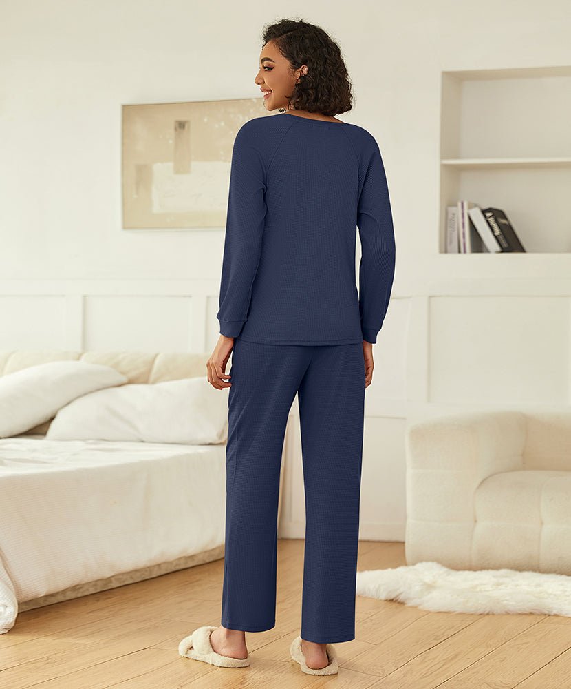 Waffle knit pajama set in navy blue, full back view of long-sleeve top and pants