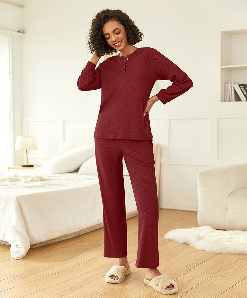 Waffle knit pajama set in wine red, buttoned long-sleeve top and long pants