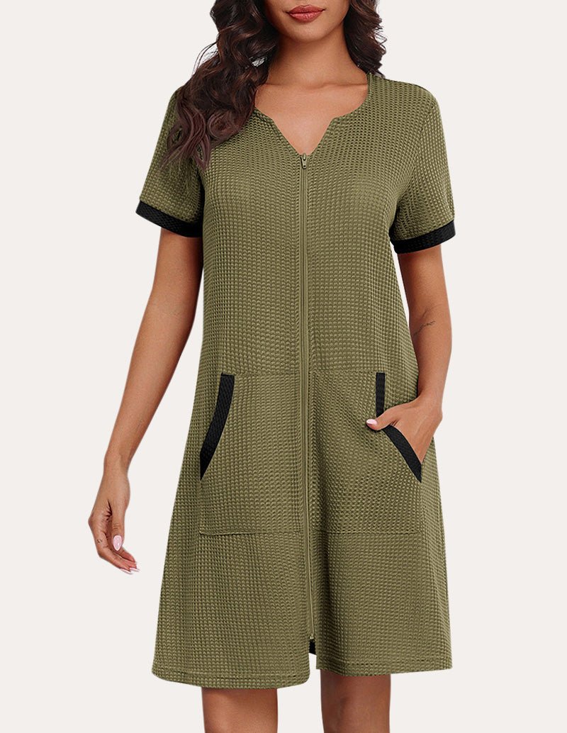Waffle zip nightgown with short sleeves, V-neck, and side pockets; olive green.