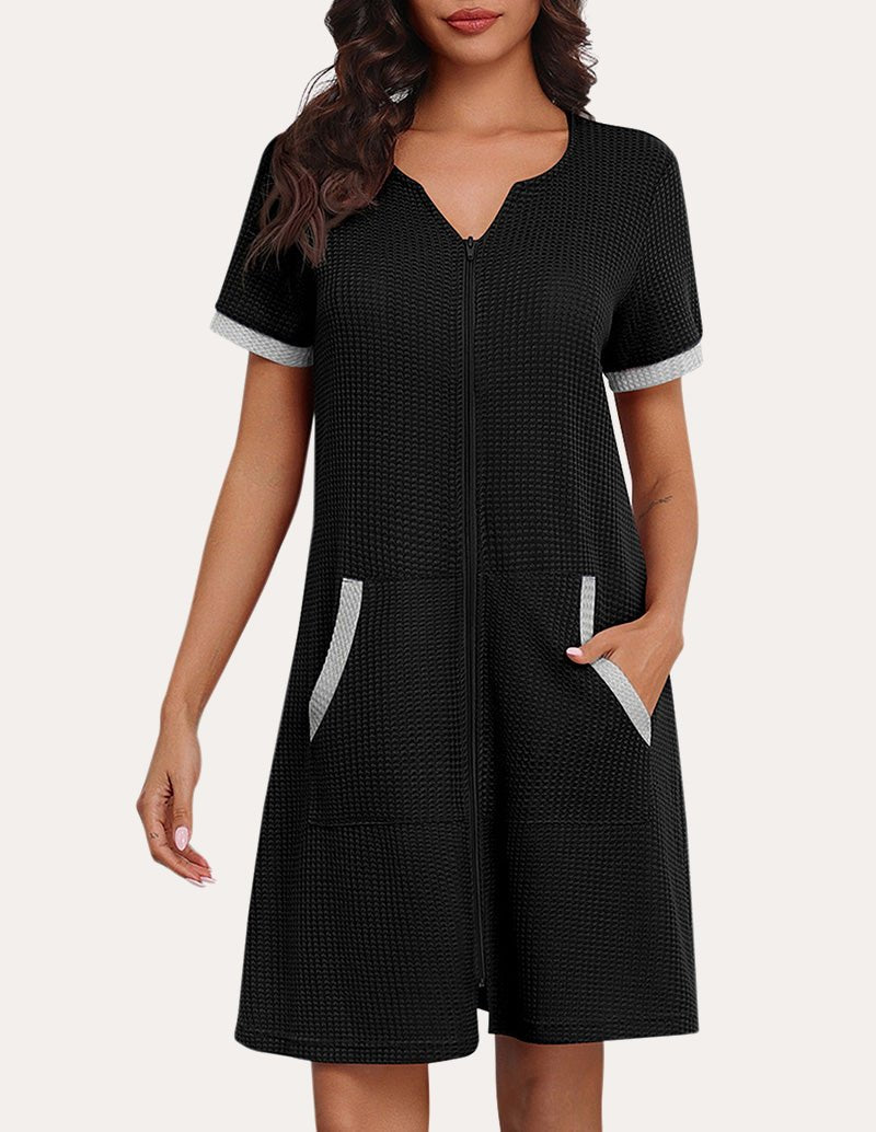 Waffle zip nightgown with short sleeves, V-neck, and side pockets; black color.