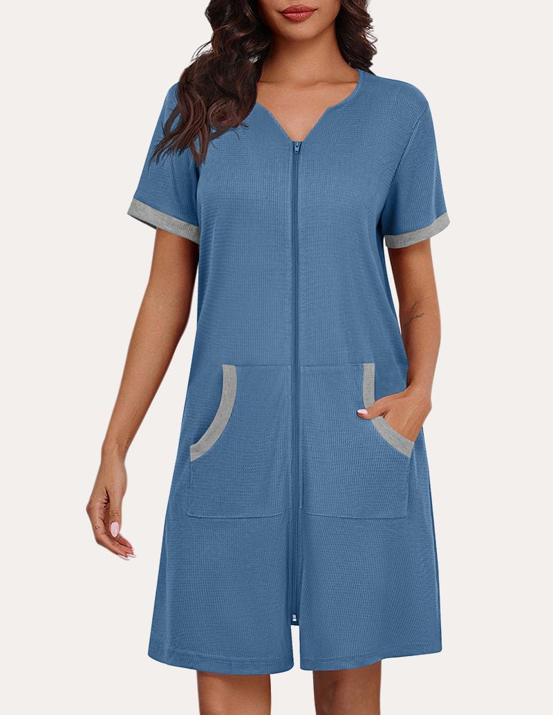 Blue waffle-knit zip-front nightgown with short sleeves and two front pockets