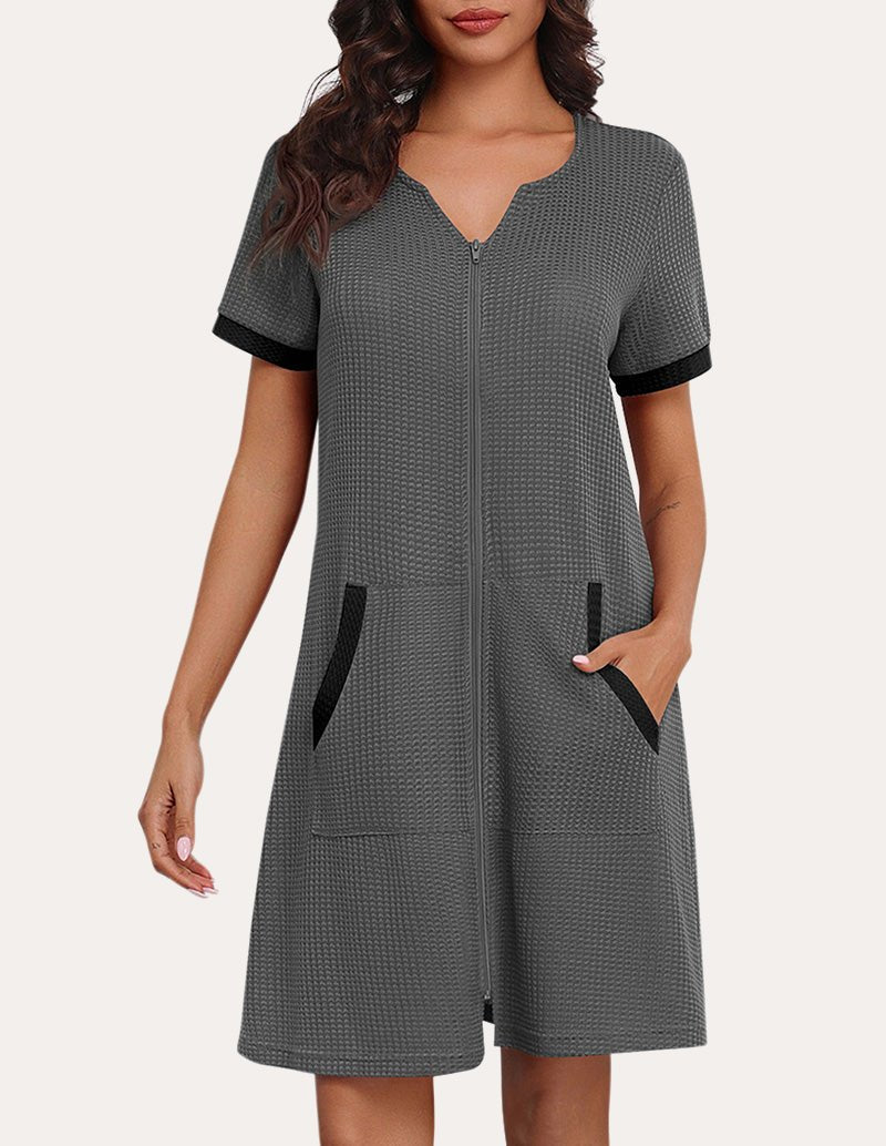 Waffle zip nightgown with short sleeves, V-neck, and side pockets; dark gray color.