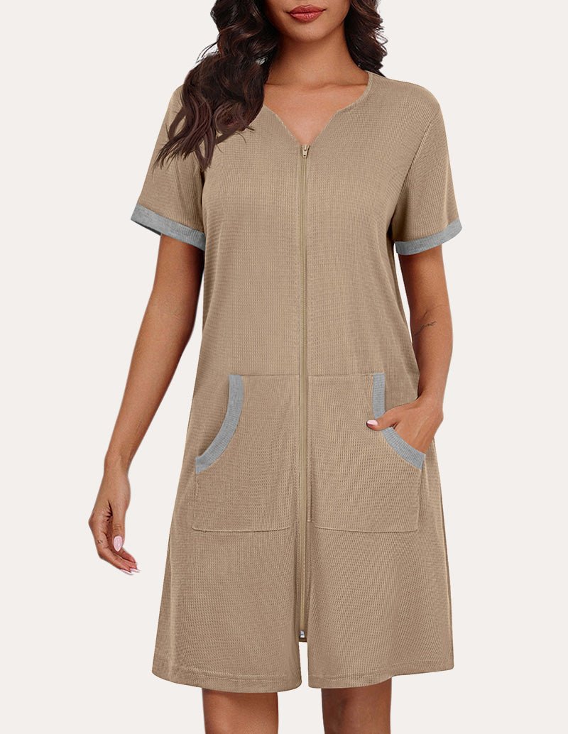 Waffle zip nightgown with short sleeves, V-neck, and side pockets; beige khaki color.
