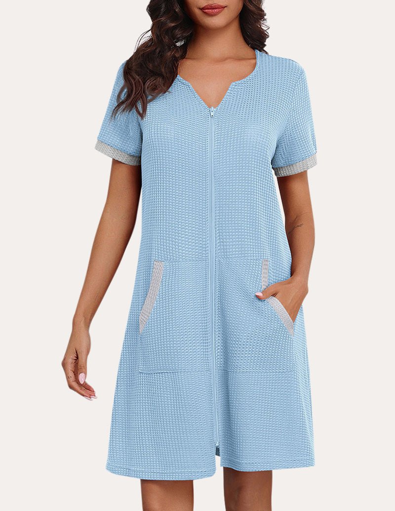 Waffle zip nightgown with short sleeves, V-neck, and side pockets; light blue color.