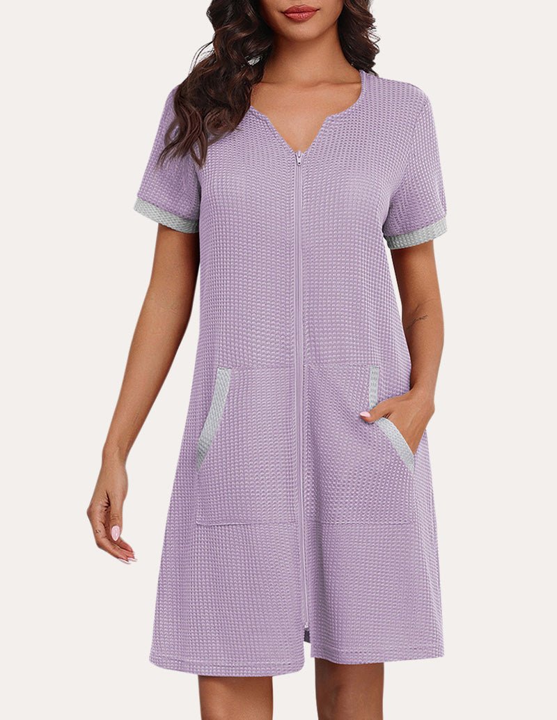 Waffle zip nightgown with short sleeves, V-neck, and side pockets; light purple color.