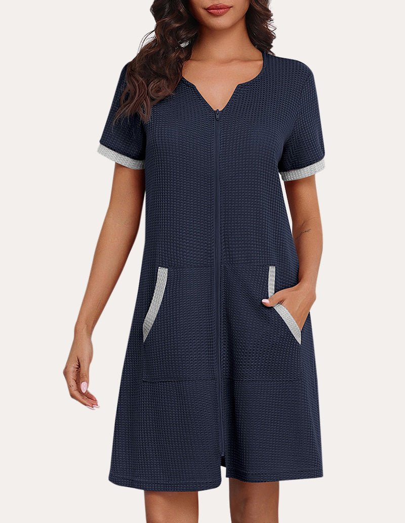 Navy waffle-knit zip-front nightgown with short sleeves and two front pockets