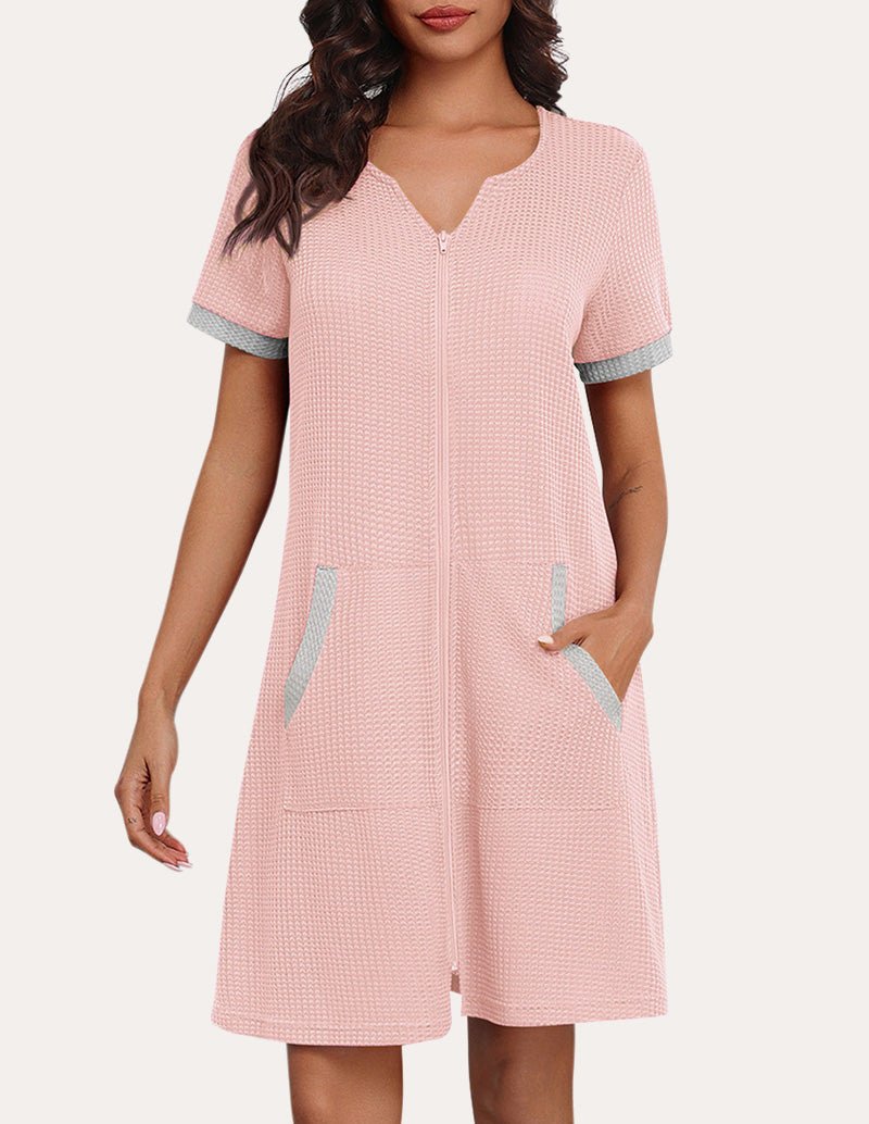 Pink waffle-knit zip-front nightgown with short sleeves and two front pockets