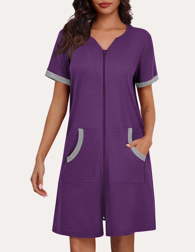 Waffle zip nightgown with short sleeves, V-neck, and side pockets; purple color.
