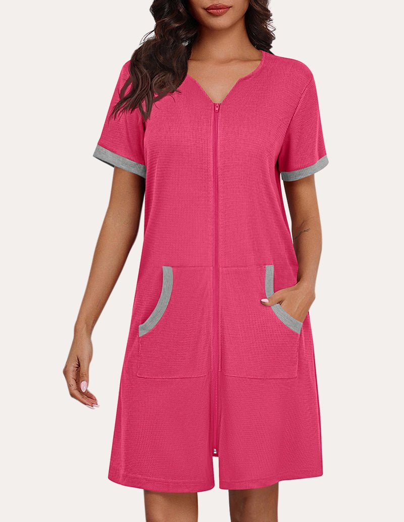 Hot pink waffle-knit zip-front nightgown with short sleeves and two front pockets