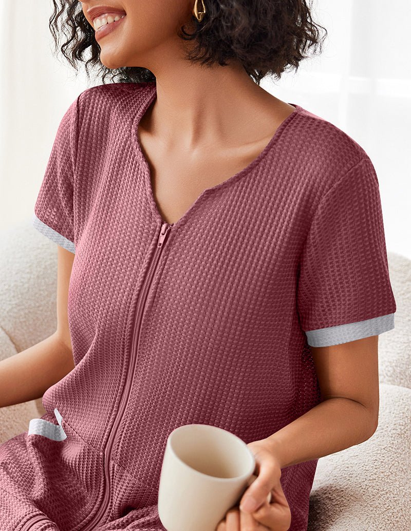 Mauve waffle-knit zip-front nightgown with short sleeves and front pockets