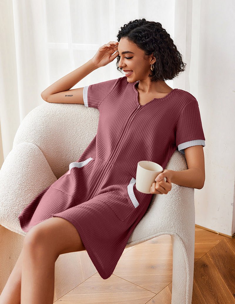 Mauve waffle-knit zip-front nightgown with short sleeves, pockets, and knee length