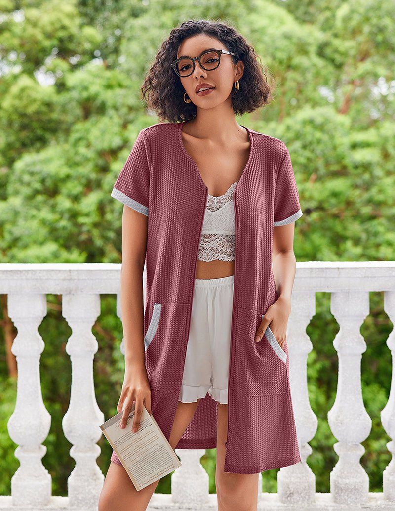 Mauve waffle-knit zip-front nightgown with short sleeves and two side pockets