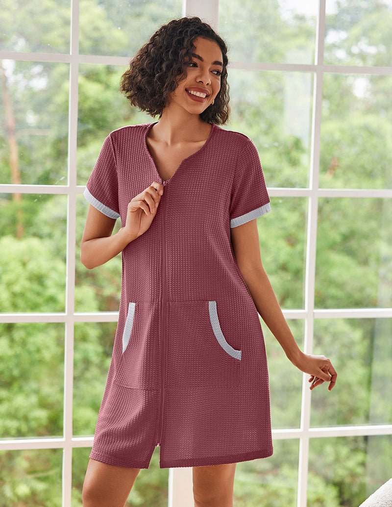 Mauve waffle-knit zip-front nightgown with short sleeves and two front pockets
