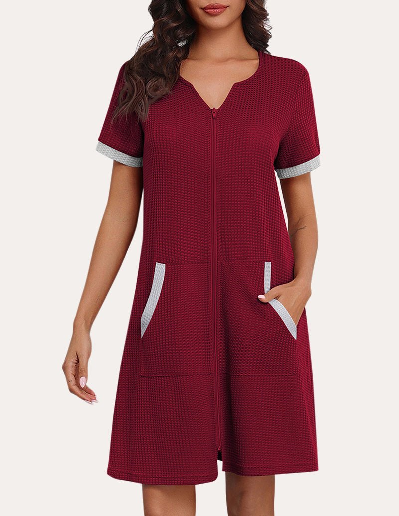 Wine red waffle-knit zip-front nightgown with short sleeves and two front pockets