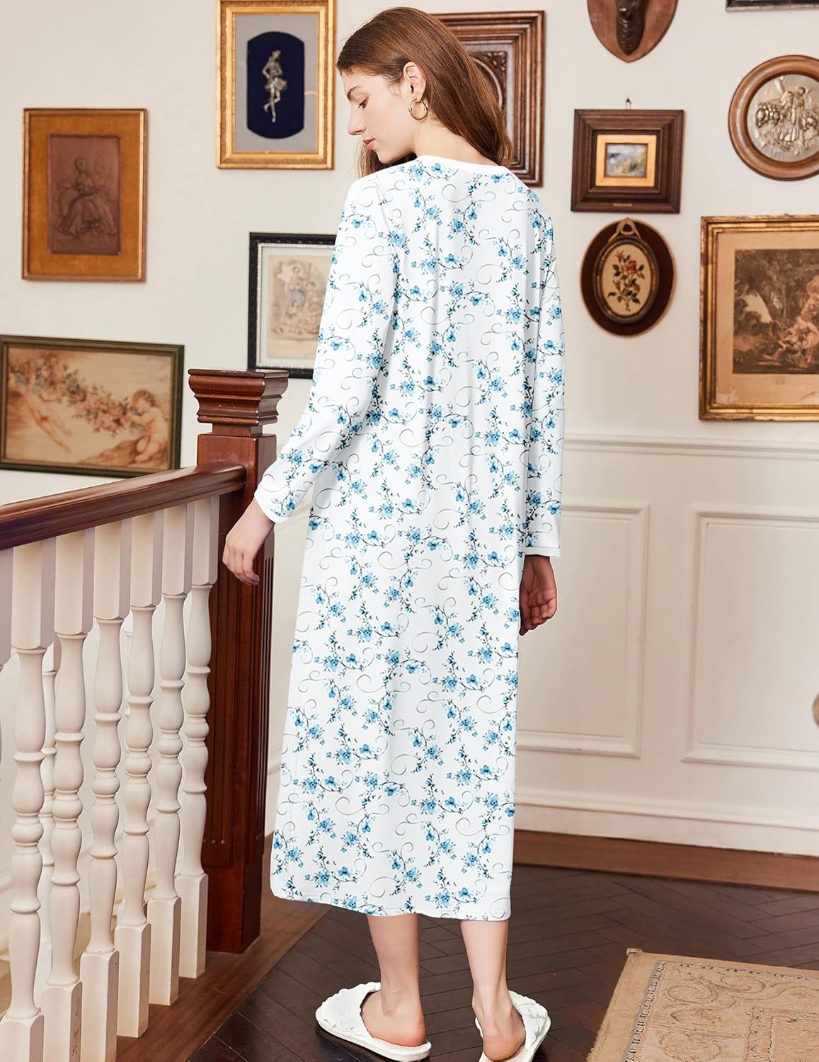 Cotton nightgown full length, white with blue floral print, long sleeves, back view
