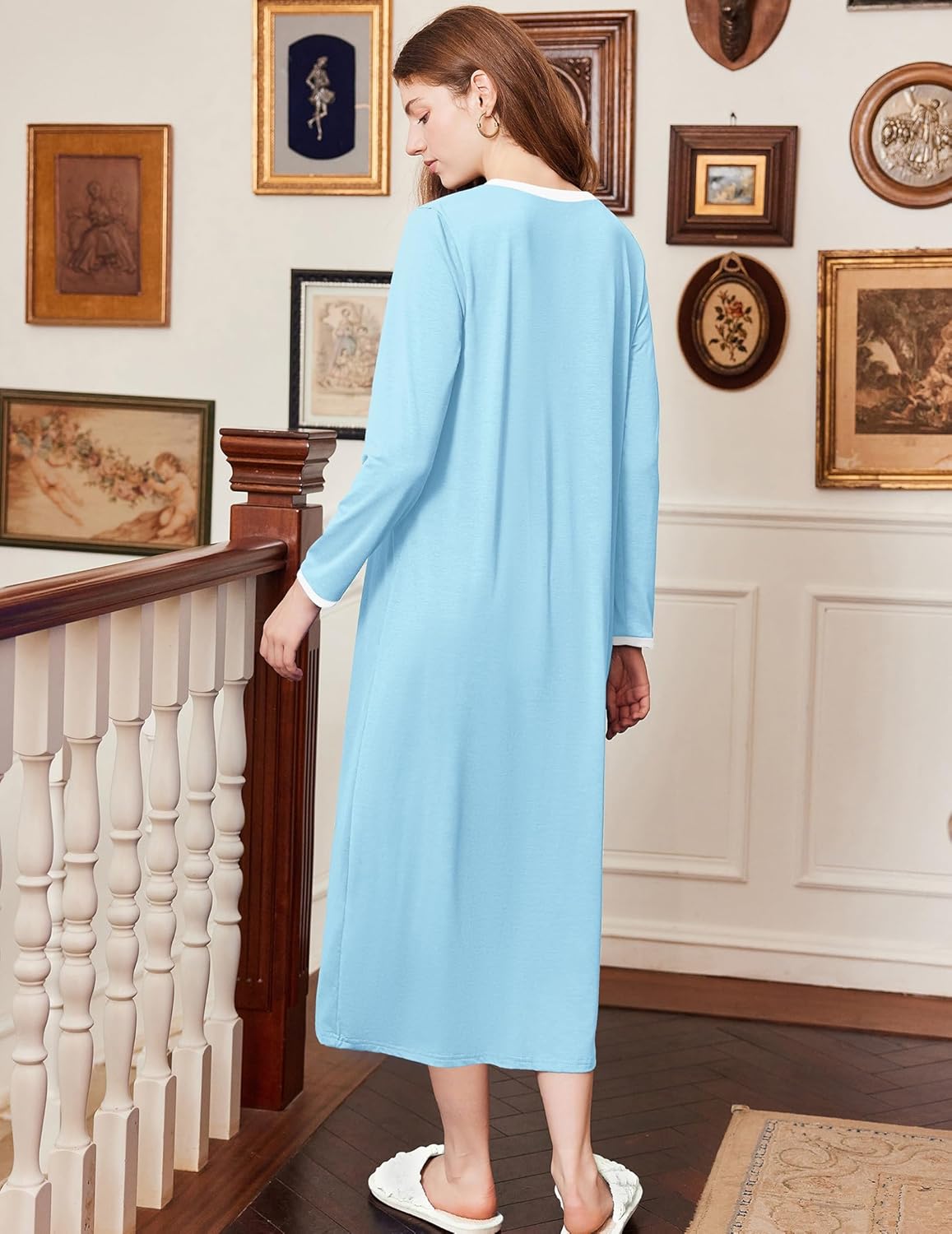 Light blue cotton nightgown, long sleeves, rear view, full length