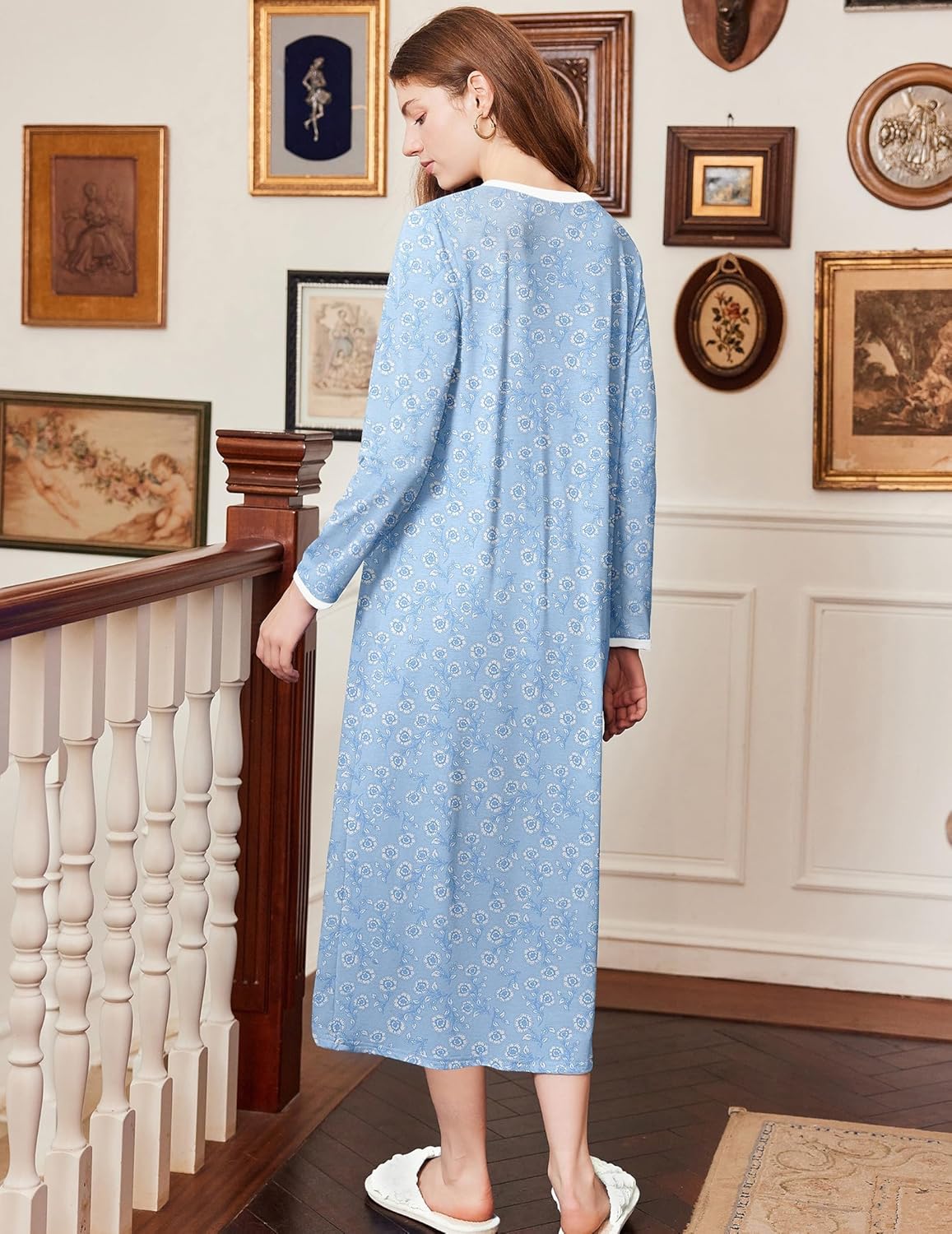 Ekouaer cotton nightgown, long sleeve, full length, light blue print, back view