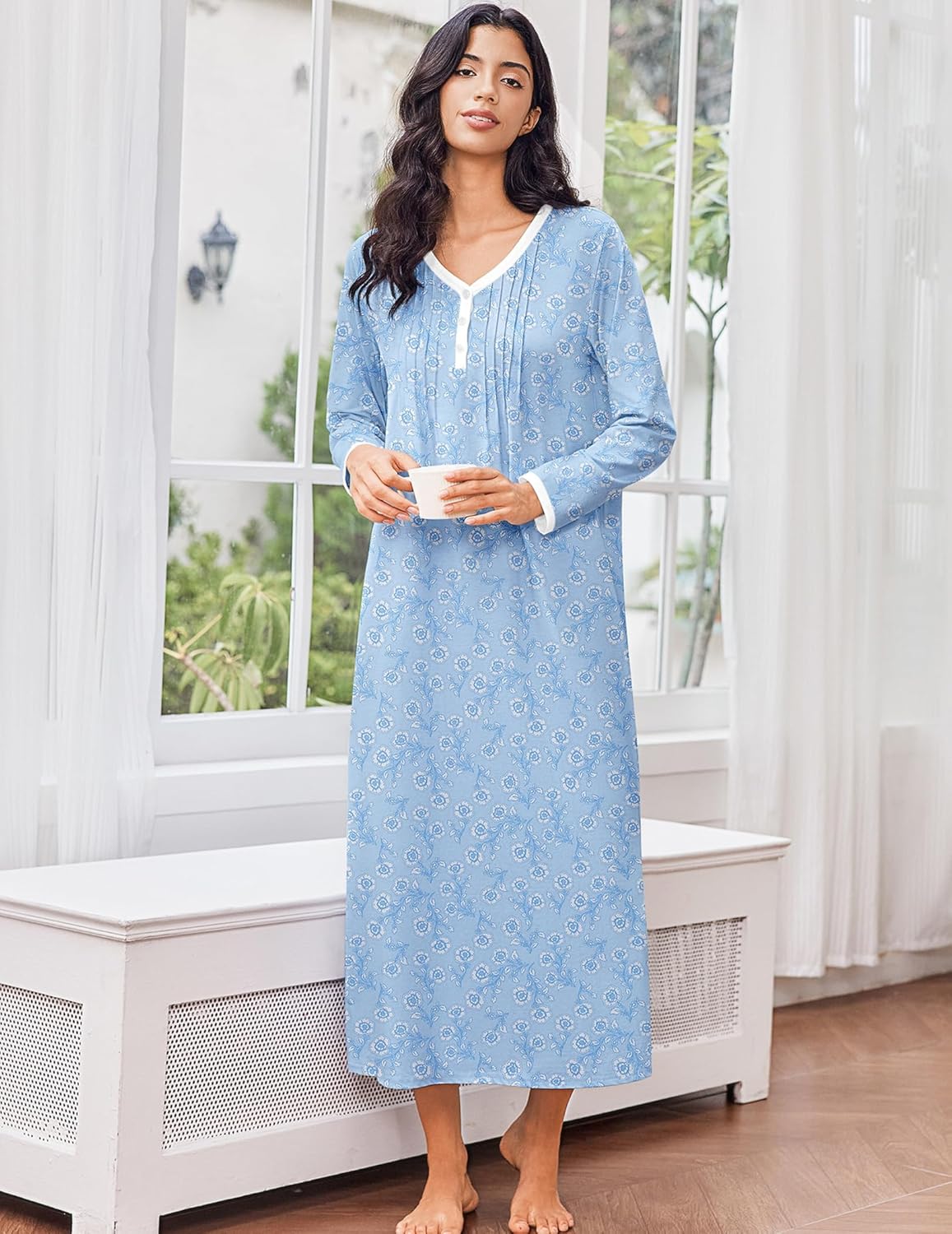 Cotton nightgown, long sleeve, full length, light blue print with V-neck button front
