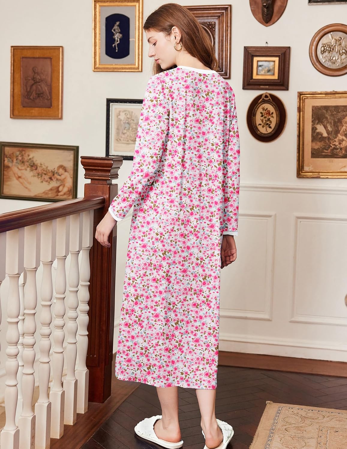 Pink floral cotton nightgown, long sleeves, rear view, full length