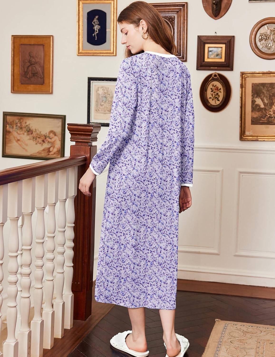 Cotton nightgown, long sleeve, full length, purple floral pattern, back view