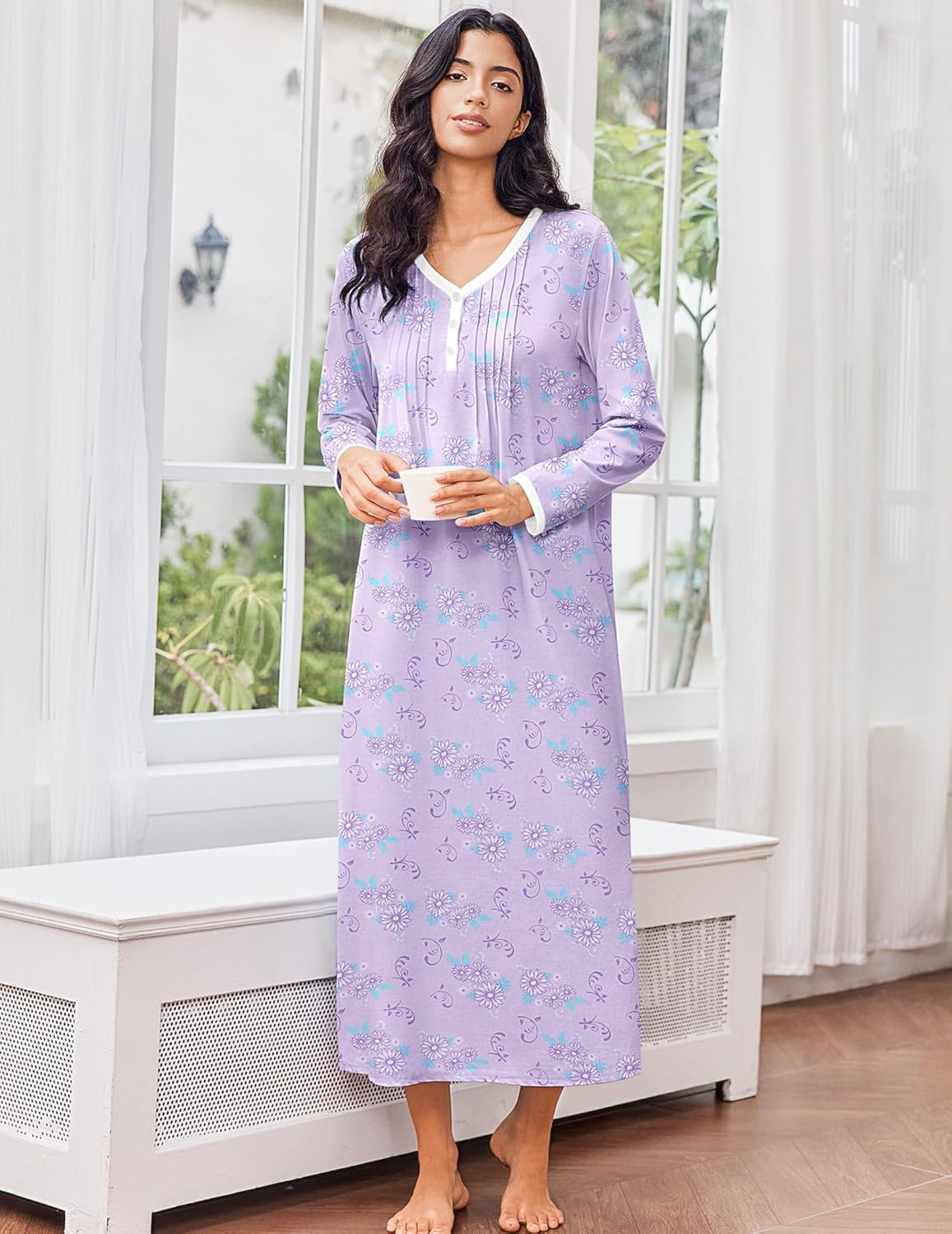 Cotton nightgown long sleeve full length in light purple with small floral print