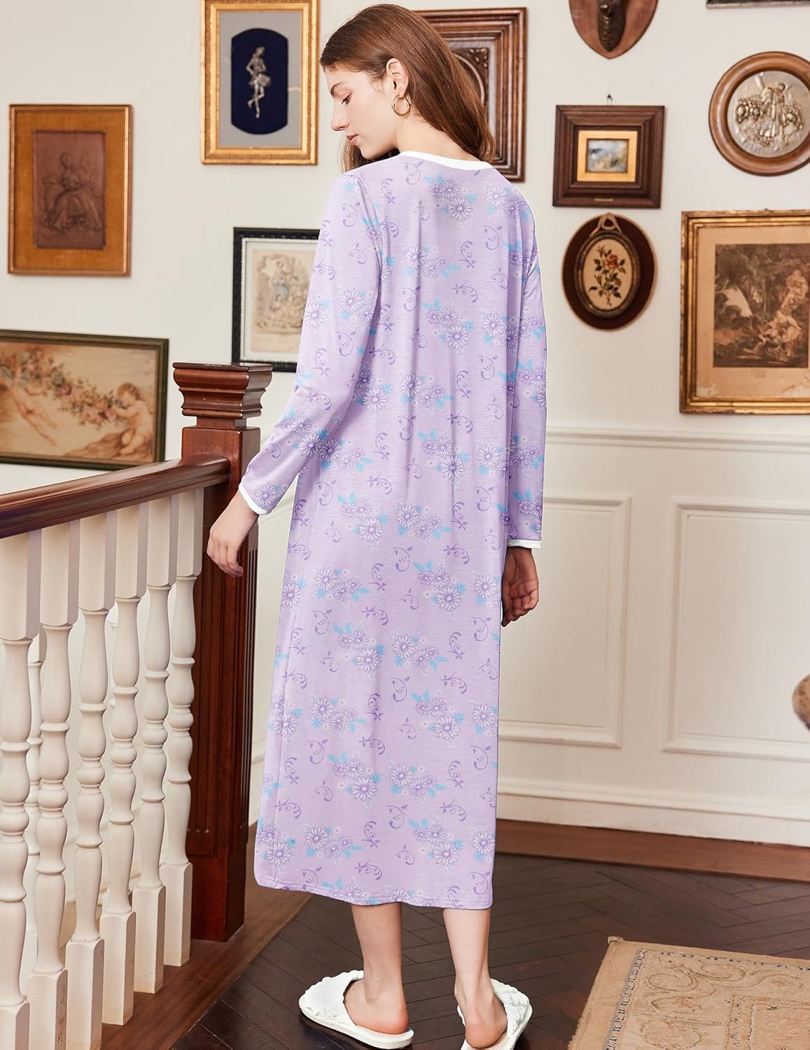 Long sleeve cotton nightgown, full length, light purple floral, back view