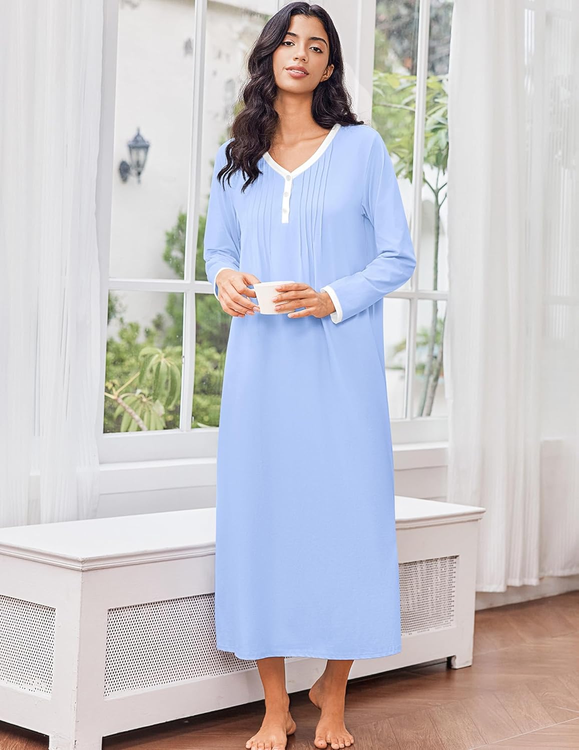 Light blue cotton nightgown with long sleeves, V-neck, button placket, full length