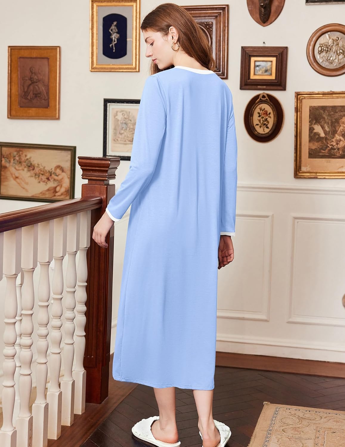 Light blue cotton nightgown, long sleeves, rear view, full length