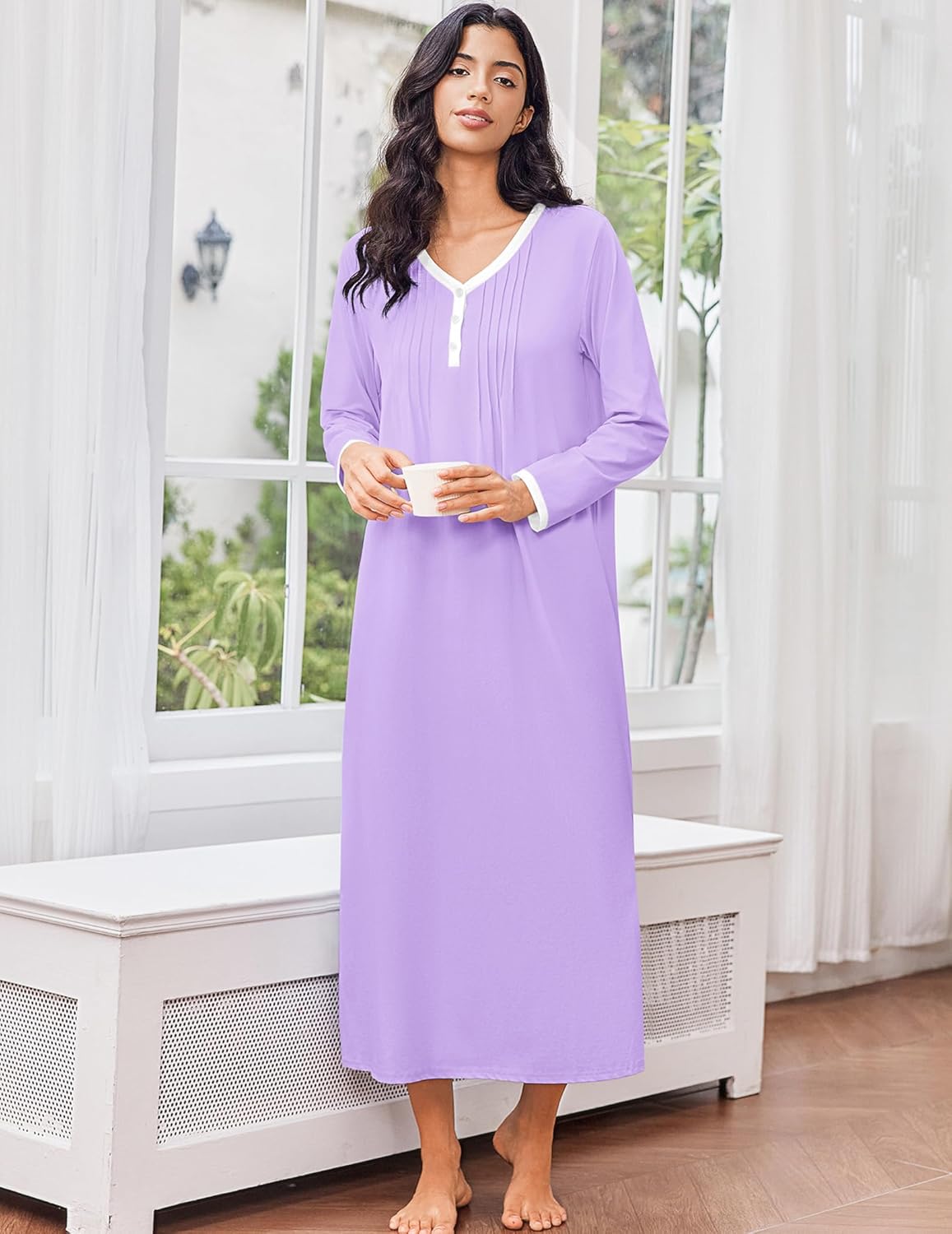 Cotton nightgown long sleeve full length, lavender with V-neck and button placket