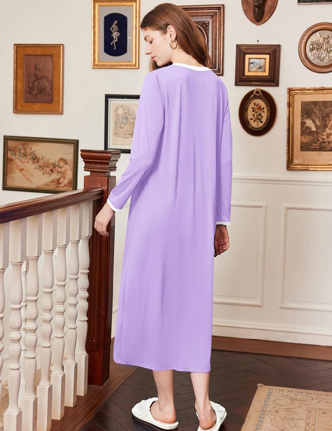 Cotton nightgown long sleeve full length, lavender solid color, back view