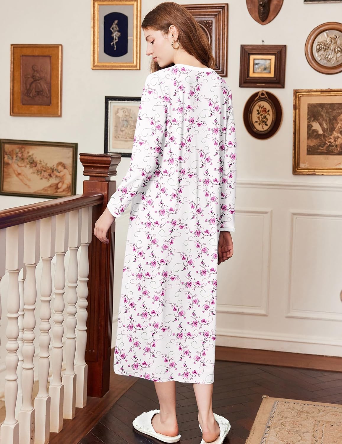 Cotton nightgown long sleeve full length, white with pink floral print, back view