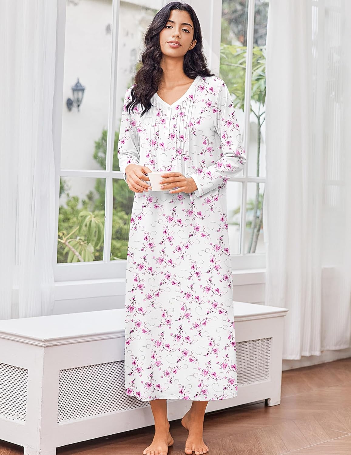 Cotton nightgown long sleeve full length, white with pink floral print, front view