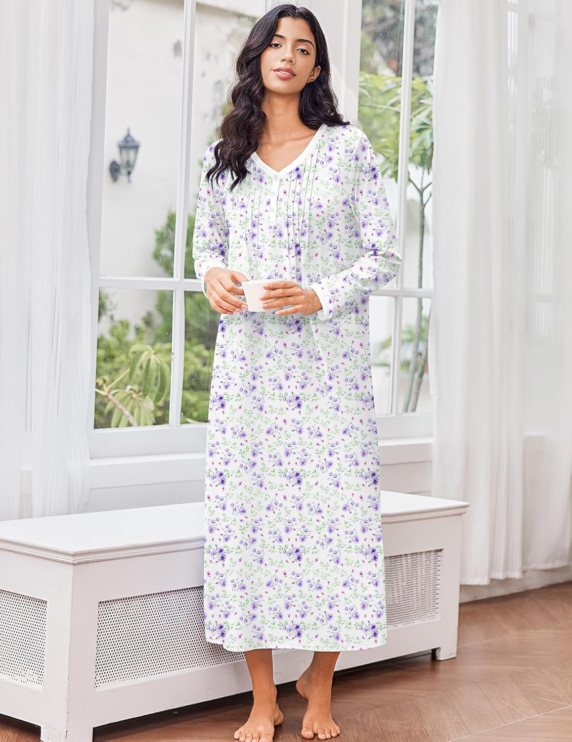 Ekouaer cotton floral nightgown, long sleeves, V-neck, purple flower print