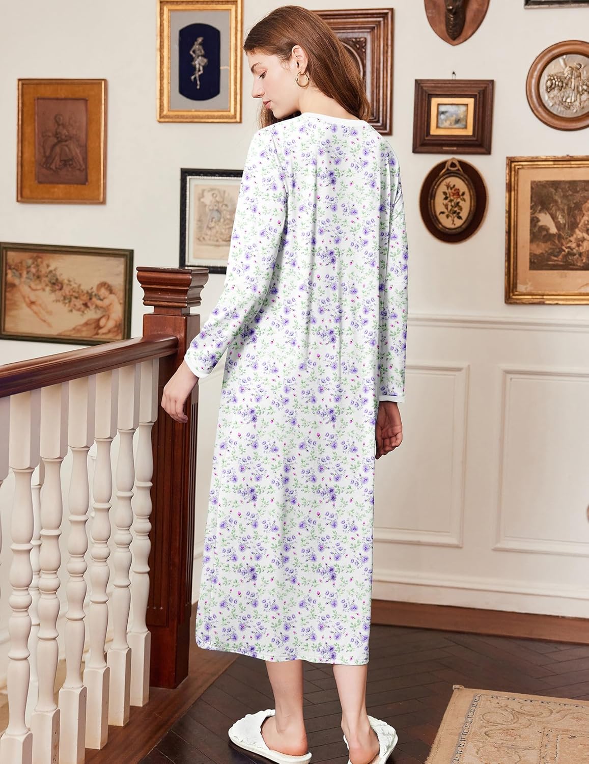 Cotton floral nightgown back view, long sleeves, full length, purple-blue pattern