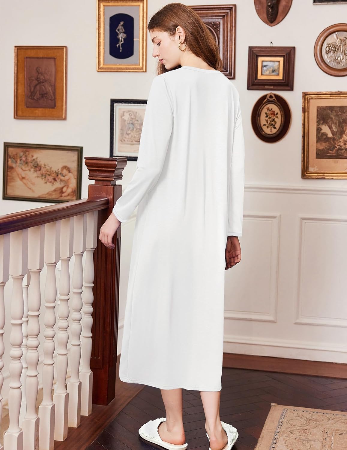 Cotton nightgown, long sleeve, full length, white, V-neck back view