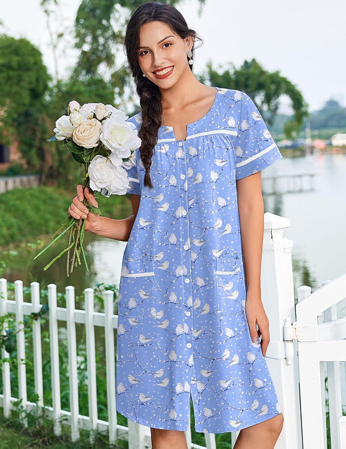 Front view of cotton button-front nightgown with pockets, light blue bird print