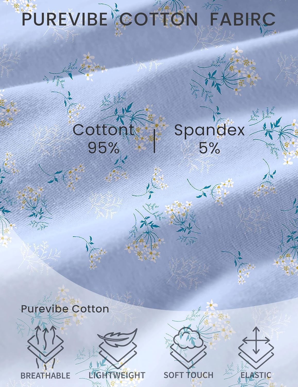Light blue cotton fabric with small floral pattern, 95% cotton and 5% spandex