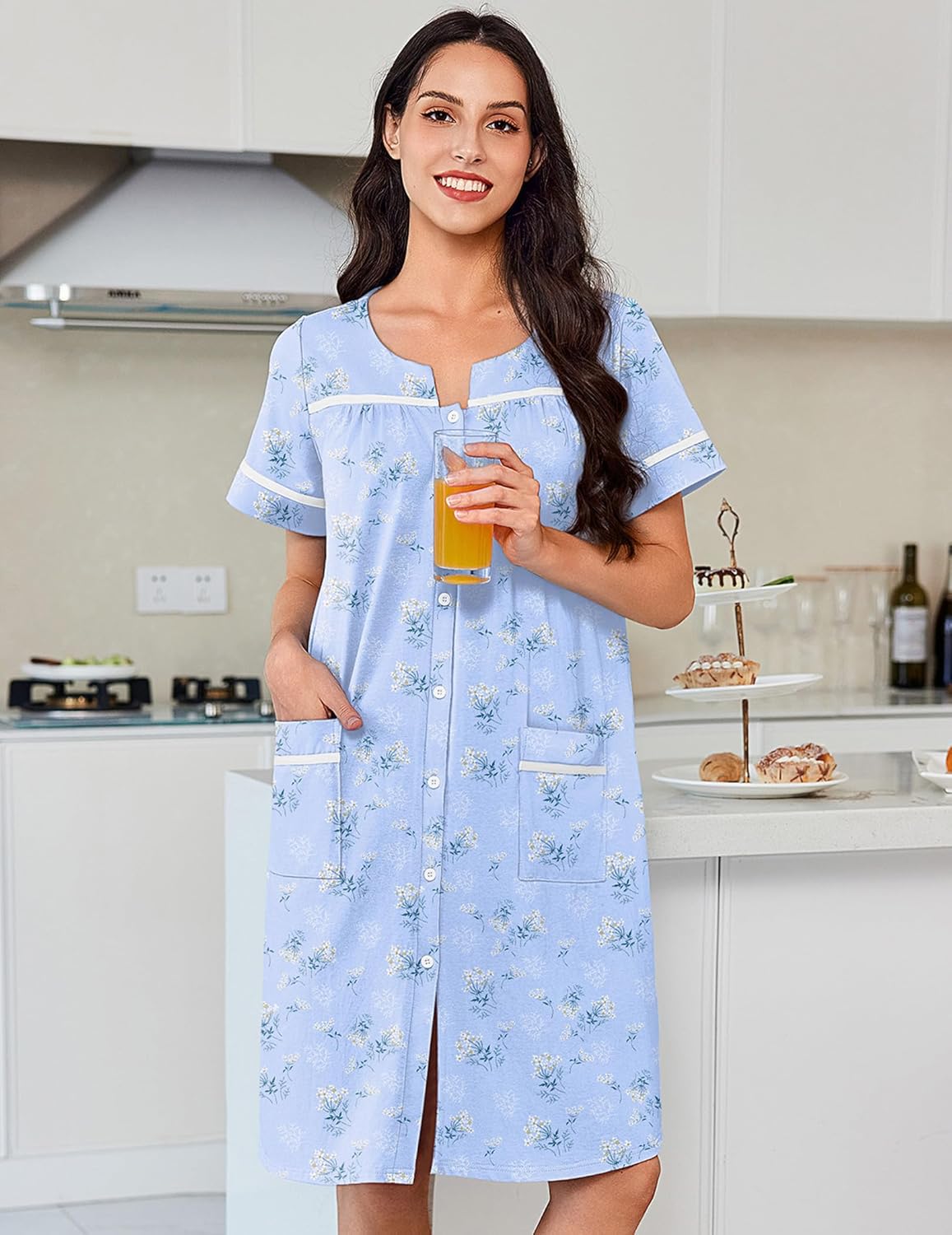 Cotton nightgown dress, light blue floral print, button-front, short sleeves, patch pockets