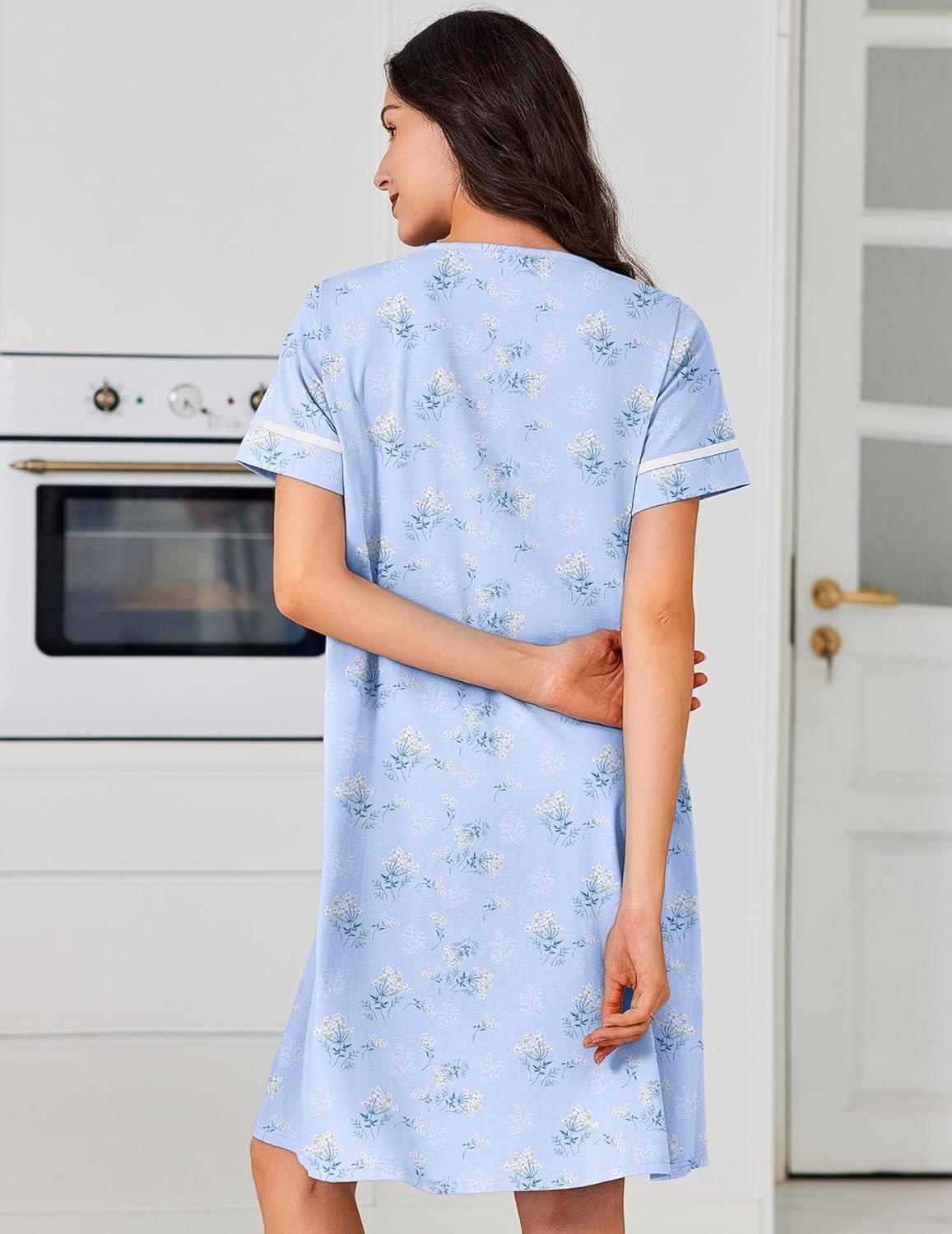 Cotton nightgown dress, light blue floral print, back view, short sleeves, button-down style