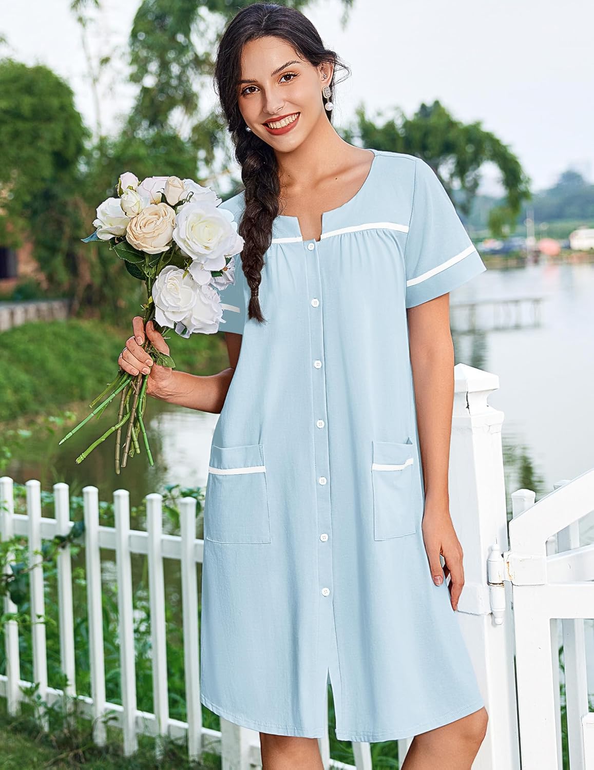 Light blue nightgown dress with white trim, front button placket and pockets