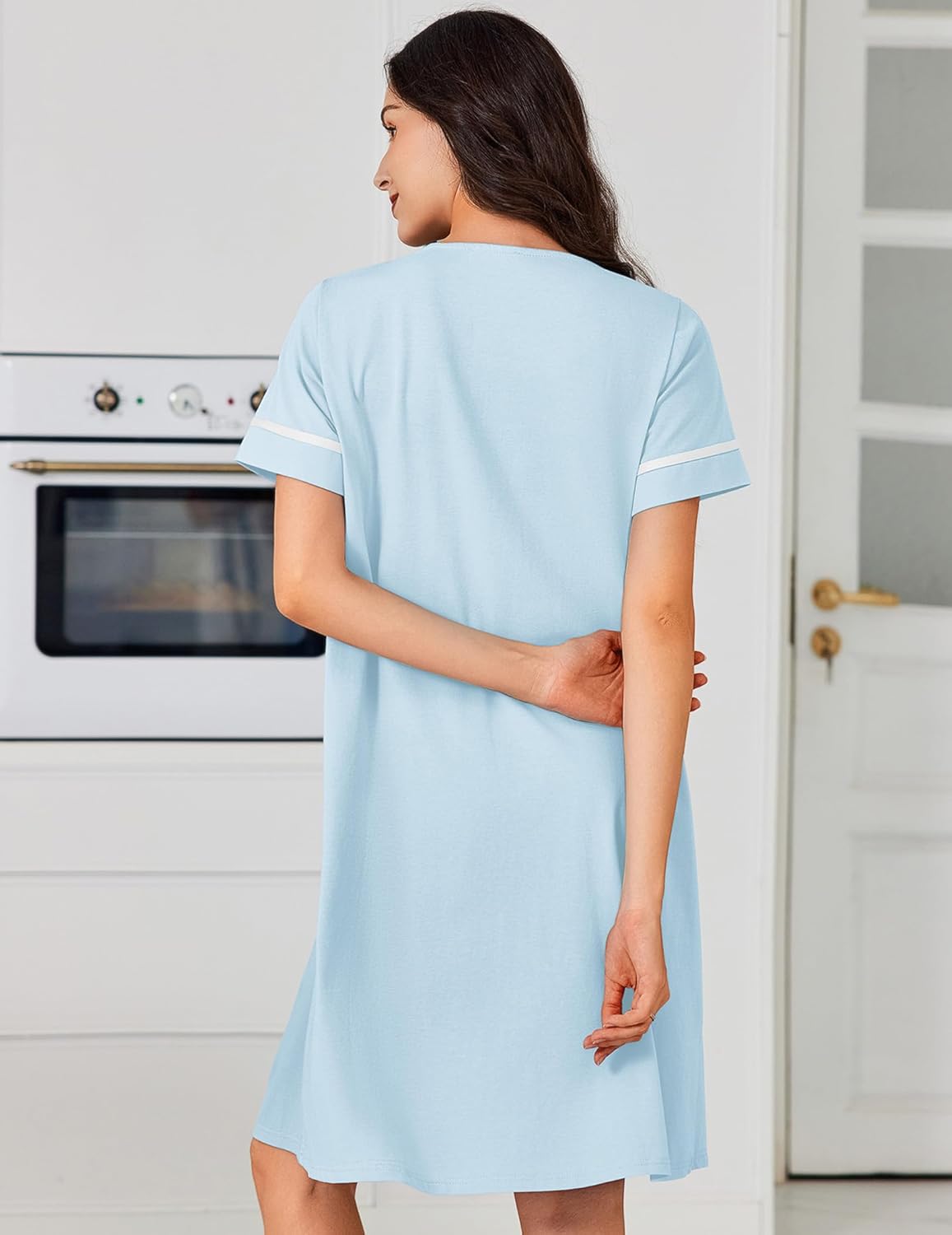 Light blue nightgown dress, back view with short sleeves and button placket