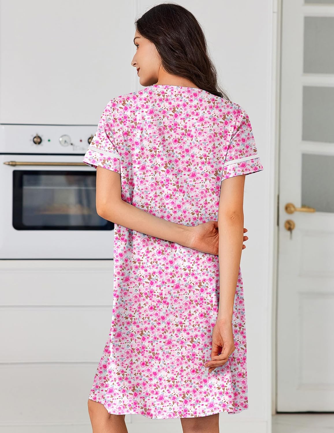 Pink floral nightgown dress, back view with short sleeves and button placket
