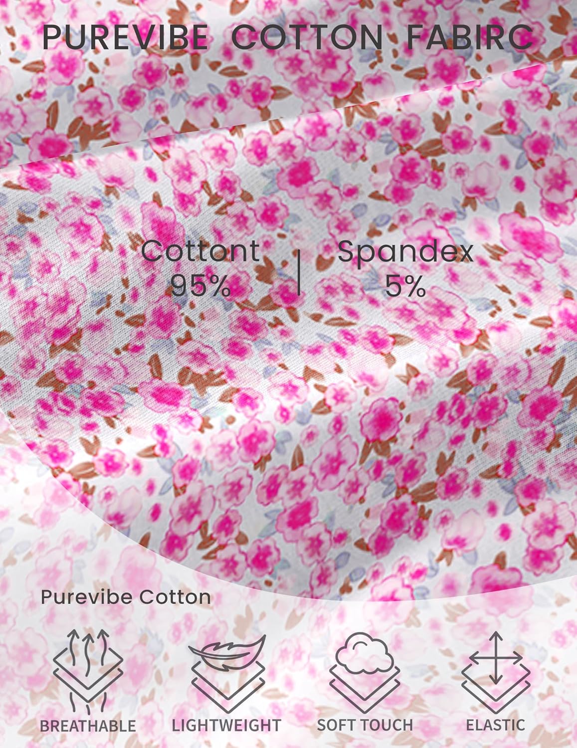 Floral fabric close-up: 95% cotton, 5% spandex blend