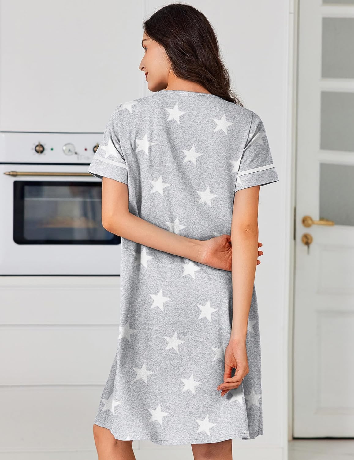 Grey star-print nightgown dress, back view with short sleeves and button placket