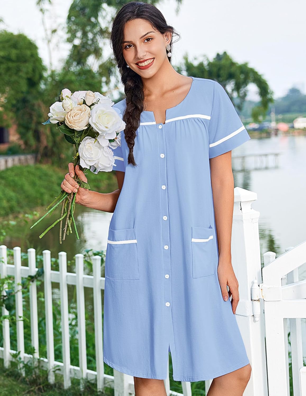 Front view of cotton button-front nightgown with pockets, short sleeves, light blue