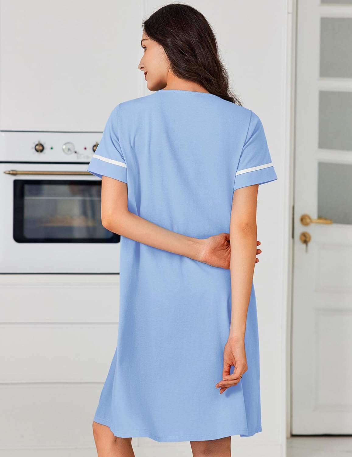 Light blue cotton nightgown dress, button-down front and side pockets